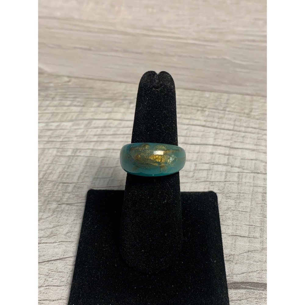 Teal Resin Dome Ring with Gold Flakes Chunky Statement Band Size 8.25 Turquoise